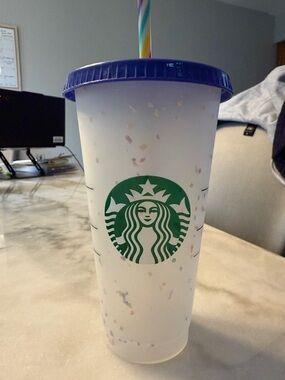 Color changingStarbucks Frosted Confetti Tumbler with Blue Lid and Rainbow Straw